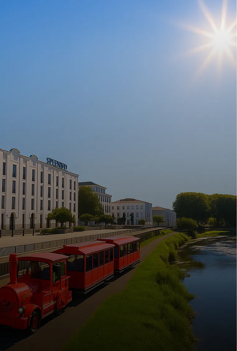 Petit train rouge du circuit touristique longeant la rivière à Dax

